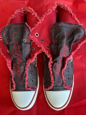 Ed Hardy Men's 12 Black & Red Frayed High-Top Sneakers